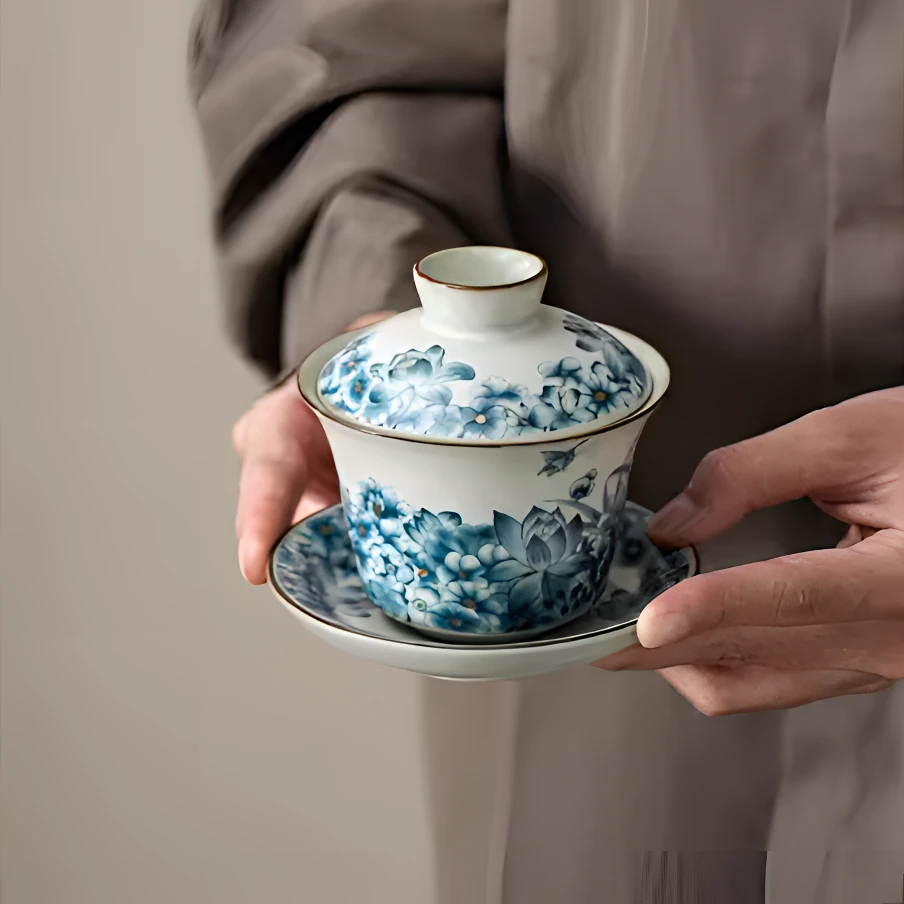 汝窑蝶恋花盖碗茶杯办公泡茶壶可养开片陶瓷功夫茶具