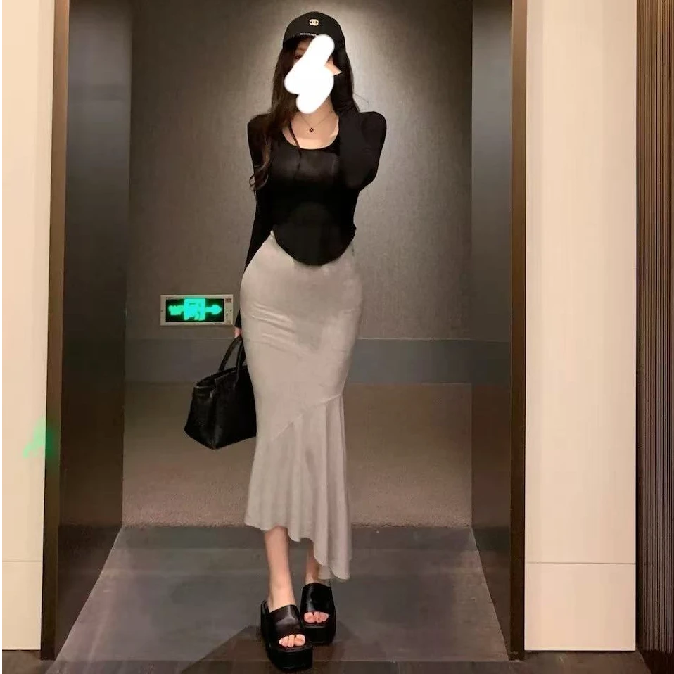 纯欲轻熟风时尚套装紧身长袖t恤包臀半身长裙鱼尾裙性感两件套女