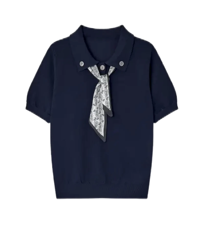 新款气质丝巾翻领针织衫夏季通勤百搭上衣X197