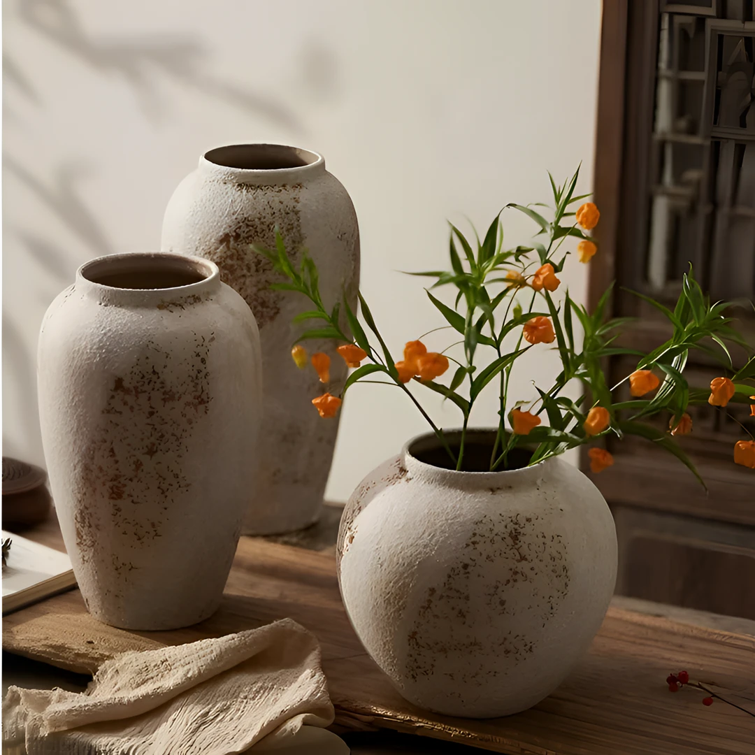 新中式斑驳陶罐插花水养创意花瓶复古粗陶陶瓷花瓶高级感插花花瓶