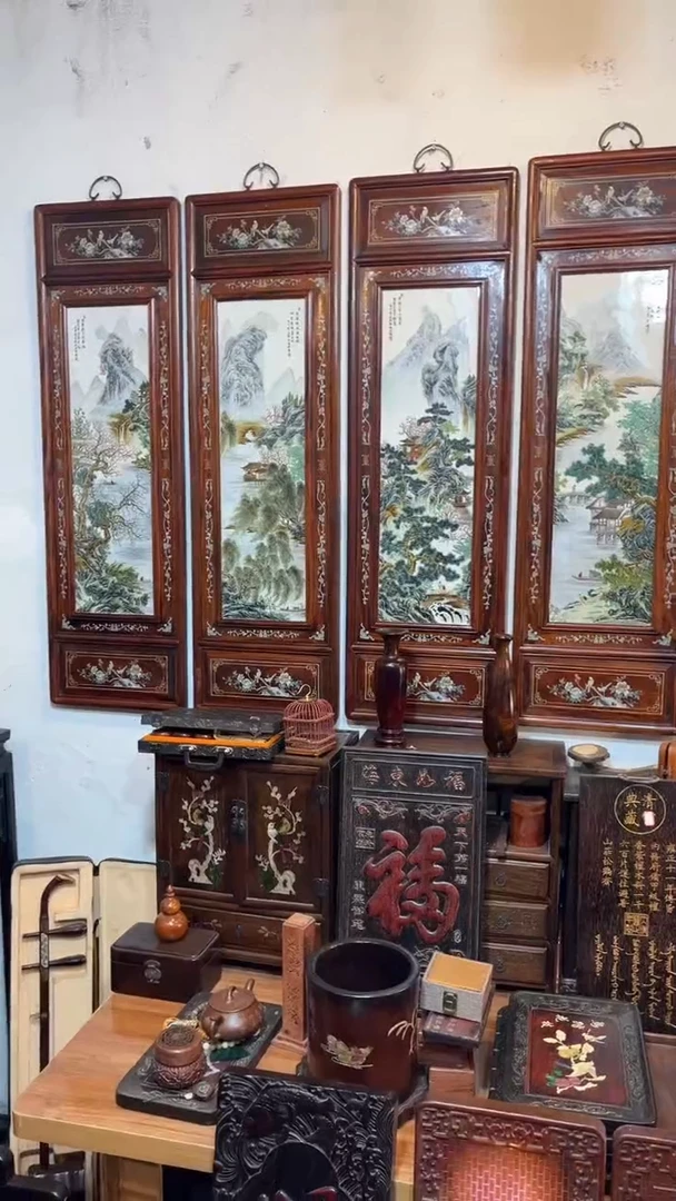 非洲紫檀（红花梨）1米2高四条屏