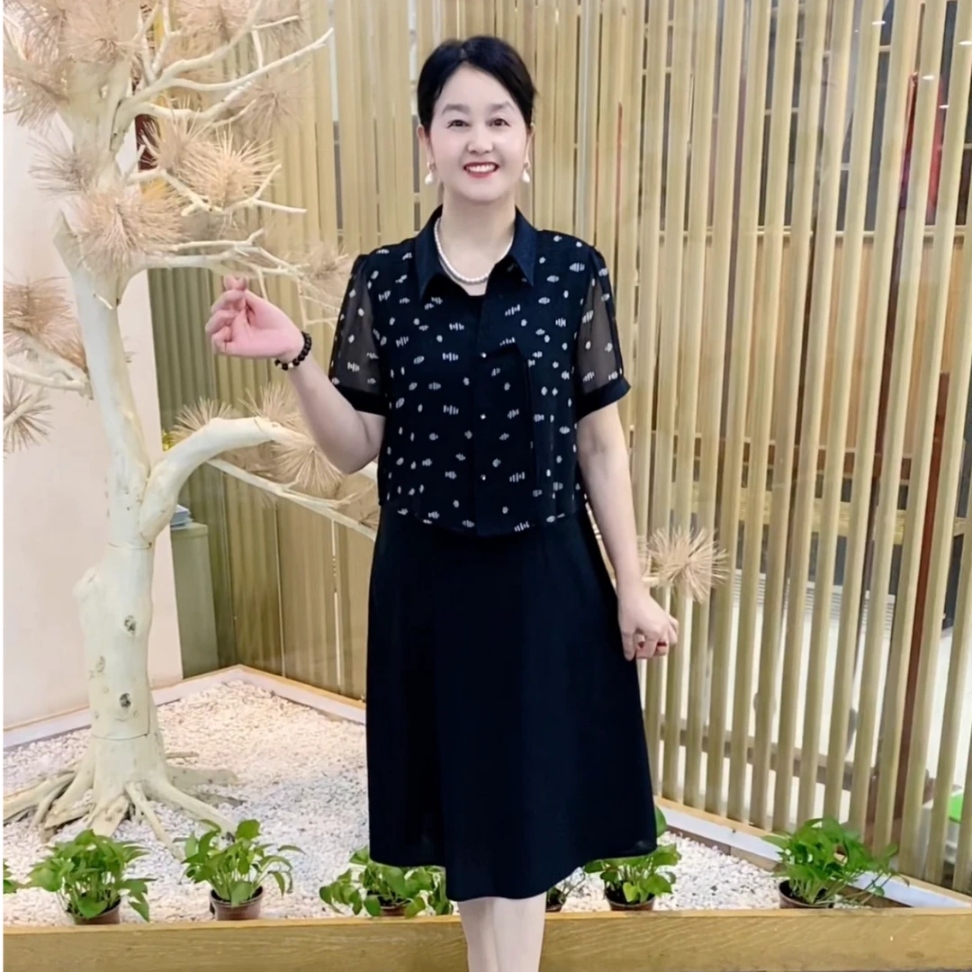 夏季妈妈装时尚洋气显瘦气质百搭减龄中长款假两件套新款连衣裙