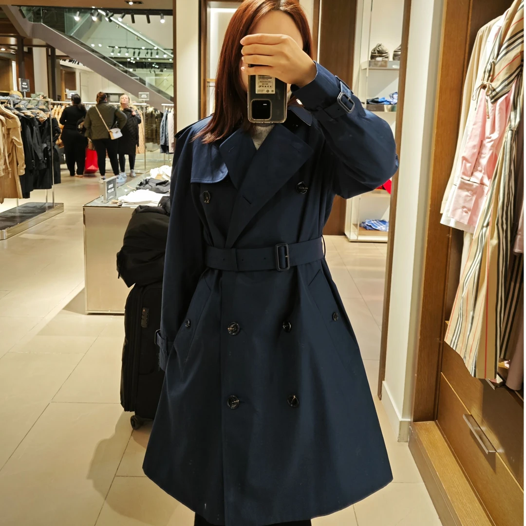 【巴黎直邮】Burberry巴宝莉风衣女蓝色双排扣束腰中长款 80849001