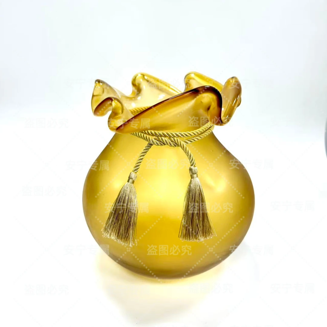 琉璃磨砂钱袋子圆肚轻奢装饰日常送礼带流苏黄色钱袋子摆件