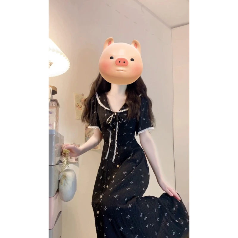 大码【少女特刊】Miu系甜美碎花连衣裙夏季新款蕾丝收腰气质茶歇裙