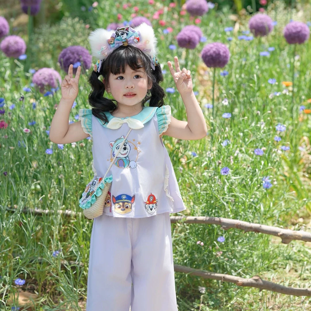 粗腿家原创女童夏季可爱紫色勇敢的狗狗汪汪队长裤夏装常服套装