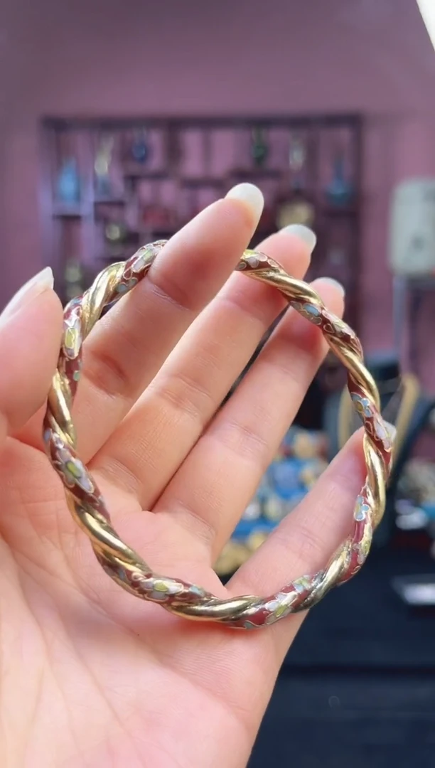 非遗 景泰蓝手镯 麻花款 65 半金地 砖红