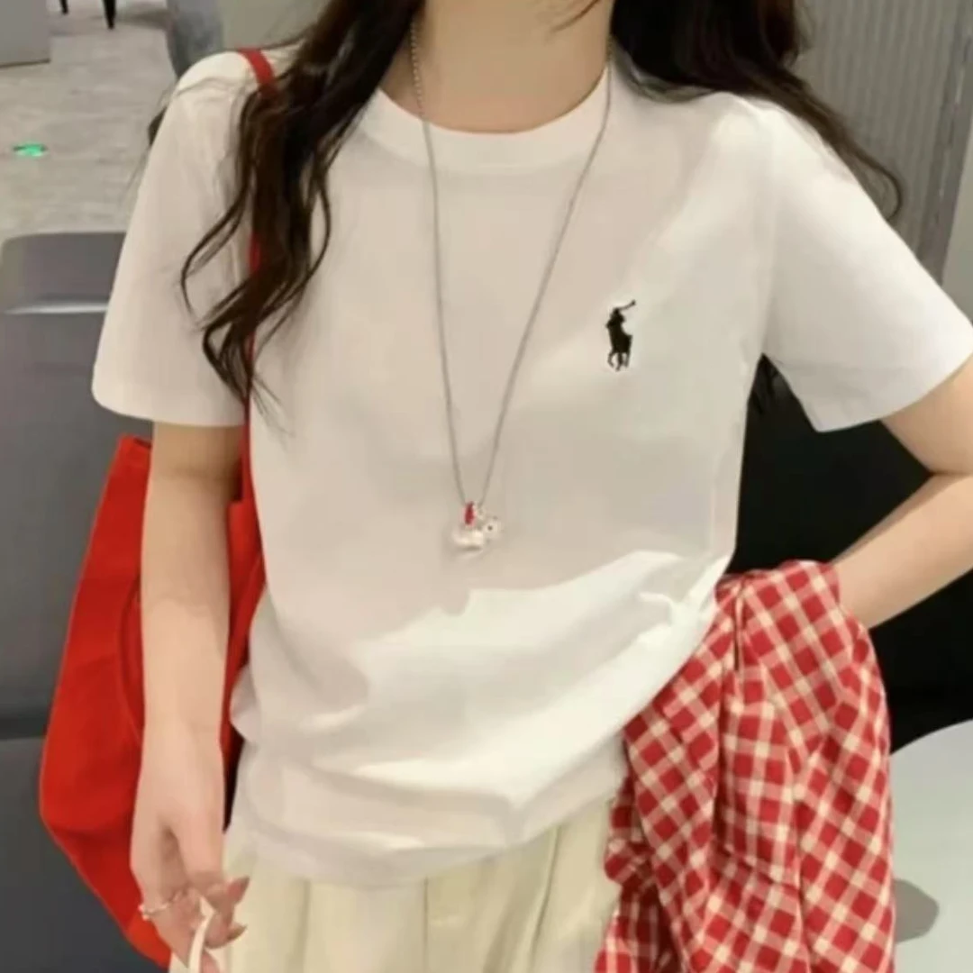 新款时尚百搭休闲圆领简约印花百搭正肩短袖T恤打底衫女纯棉内搭