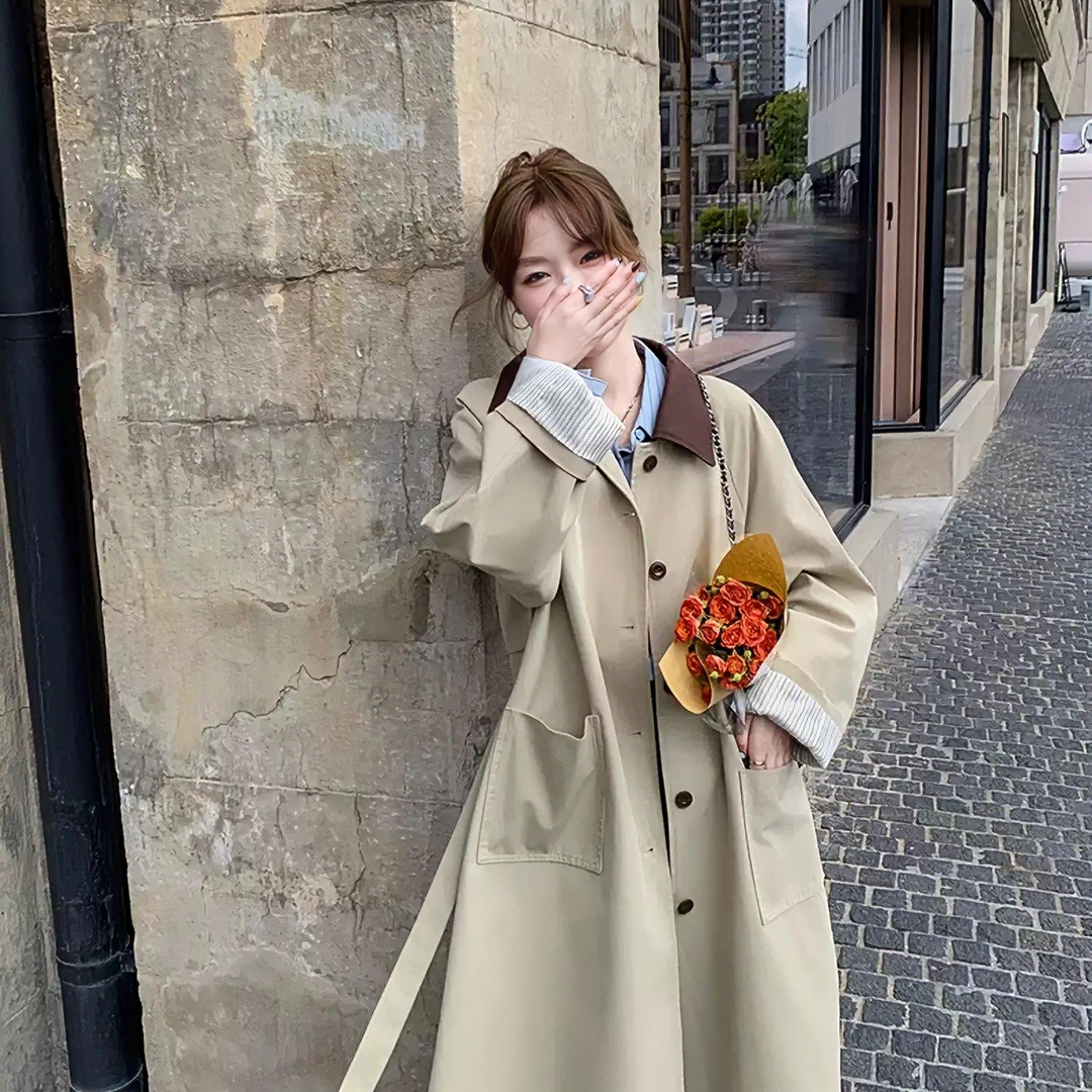 韩版巴恩风2025秋季新款撞色翻领外套高级感气质显瘦中长款风衣