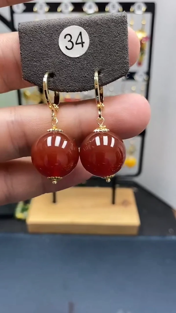 南红玛瑙银S925镀金镶嵌耳饰尺寸16mm耳扣66