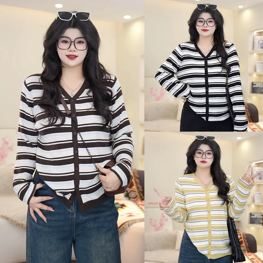 梦丞【条纹重奏】大码女装V领条纹撞色冬季洋气时尚宽松长袖针织衫