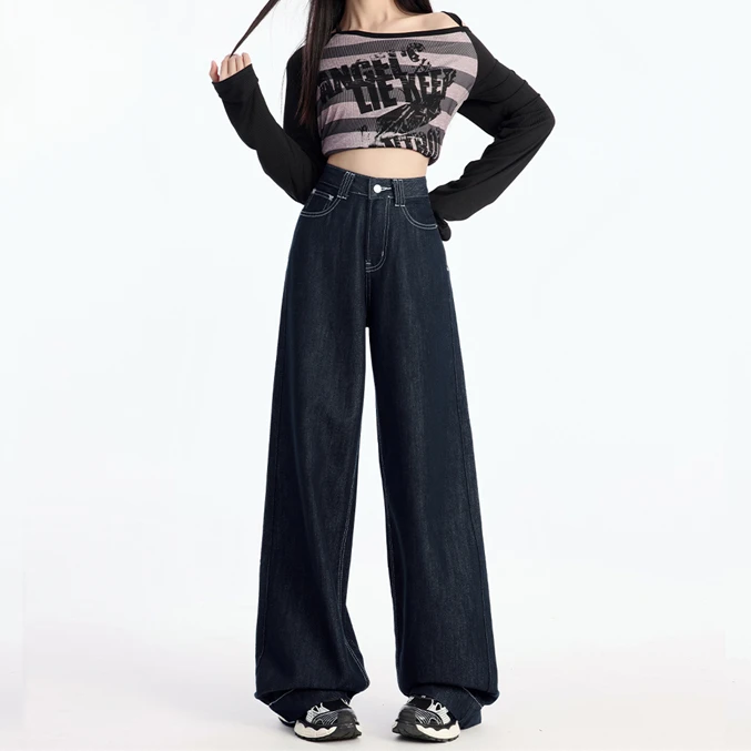 丹宁蓝阔腿牛仔裤女2025秋装新款宽松显瘦通勤休闲垂感拖地直筒裤