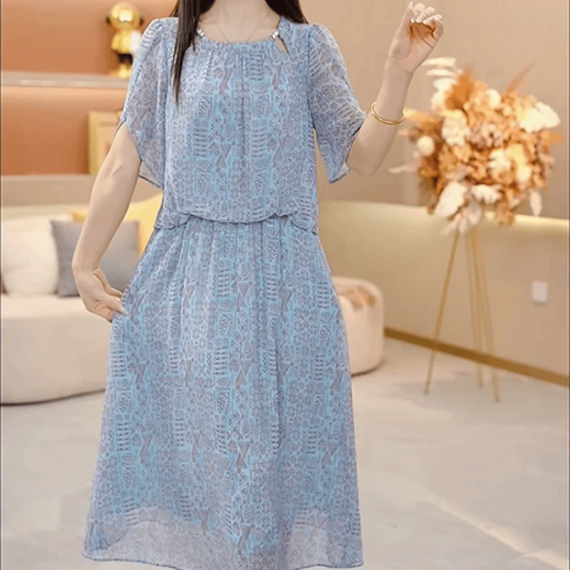 2025夏季新款高端时尚气质优雅减龄修身收腰显瘦休闲中长款连衣裙
