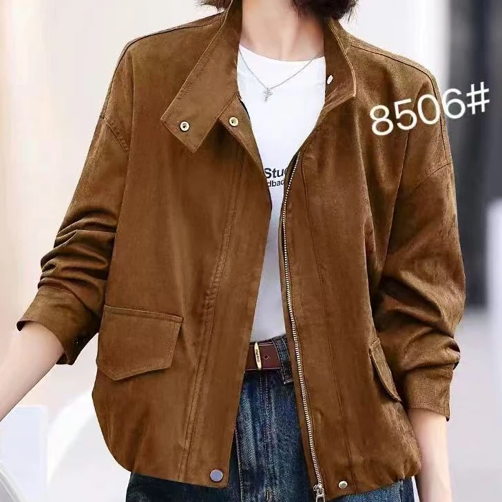 25新款复古机车服长袖鹿皮绒夹克开衫外套女秋冬小个子短上衣8506