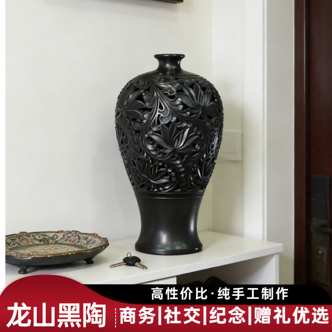 小口菊花梅瓶|齐河龙山黑陶|艺术花瓶摆件|高档礼品|送家人送朋友