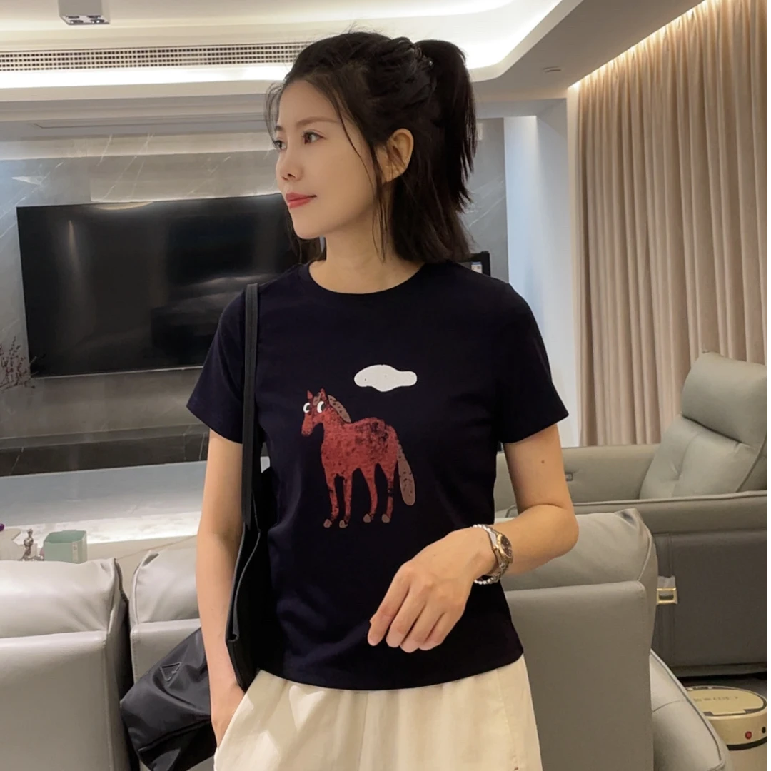 JY25夏季新款时尚圆领修身图案百搭短款T恤黑色