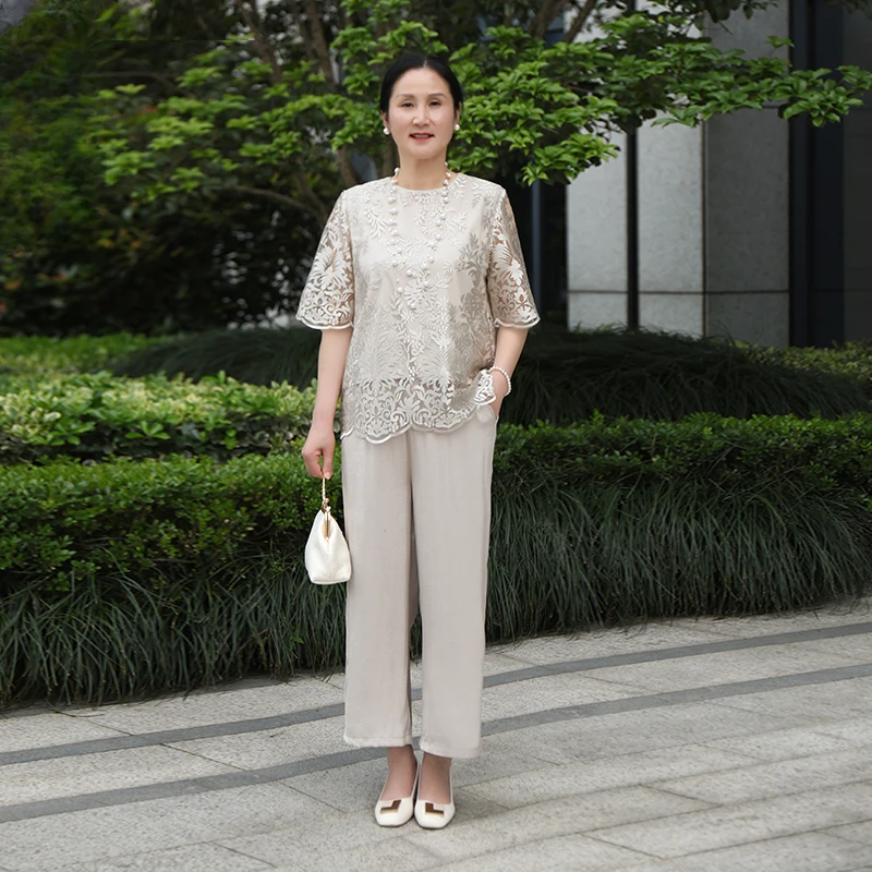 气质妈妈装夏季蕾丝刺绣短袖上衣套装中老年女时尚母亲衣服夏装