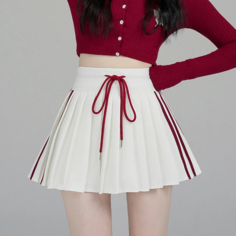 美式撞色边百褶半身裙女春夏学院风运动高腰抽绳a字短裙防走光
