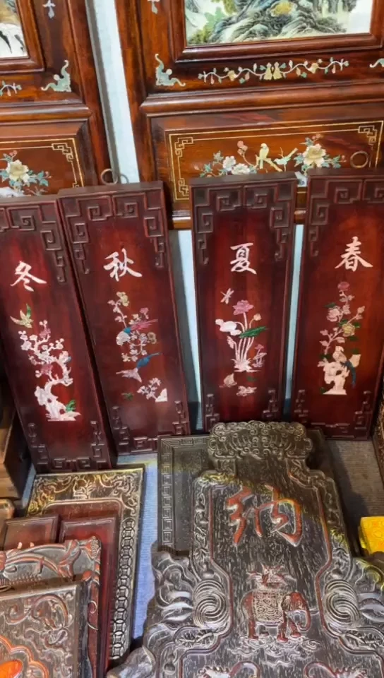 非洲紫檀（红花梨）春夏秋冬50x58cm四条屏春夏秋冬