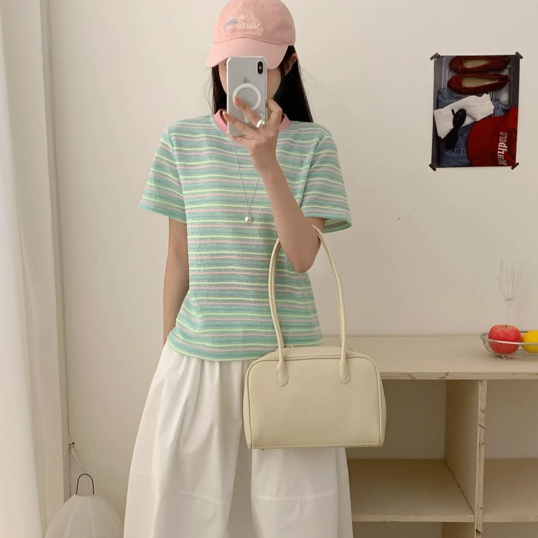 金喜家-【彩虹T恤】2025韩单东大门新款百搭宽松休闲显瘦圆领T恤
