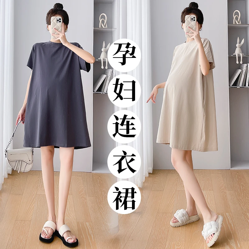 大码孕妇连衣裙夏季中长款宽松短袖t恤裙显瘦遮肚时尚A字裙安全裤