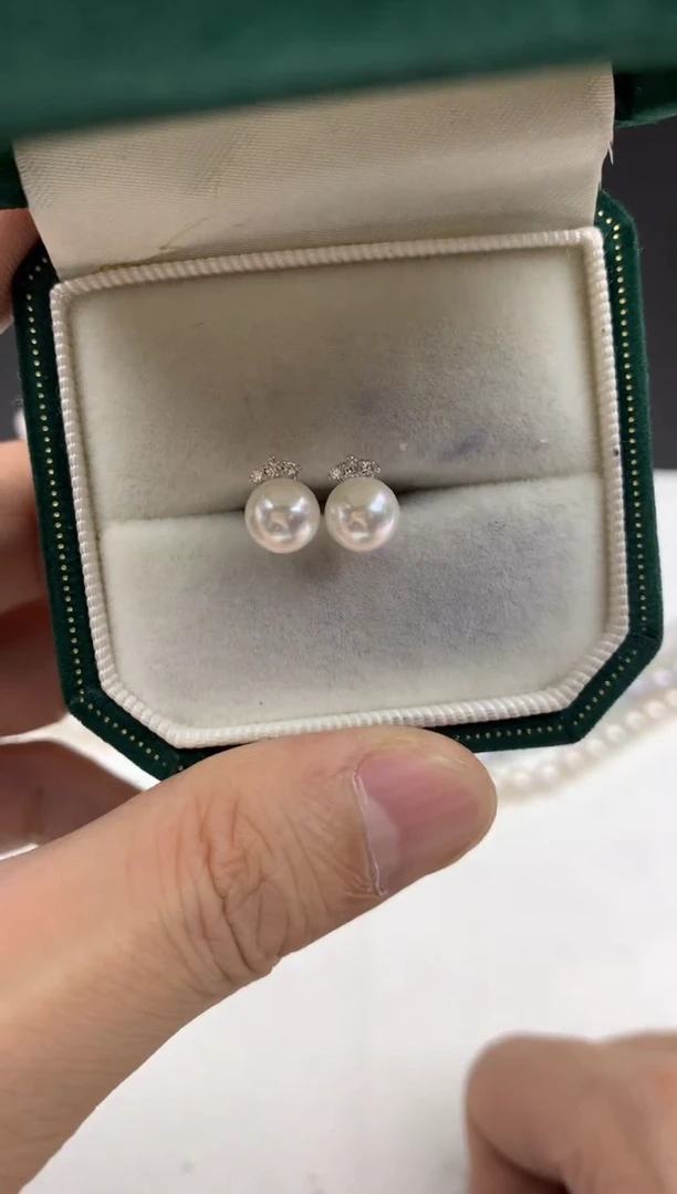 银S925镶嵌ff海水珍珠akoya白珠耳饰6~7mm