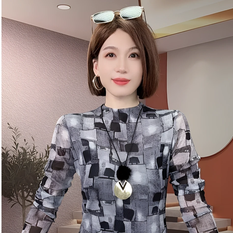 半高领打底衫女秋冬洋气印花网纱上衣修身显瘦长袖t恤内搭小衫潮t