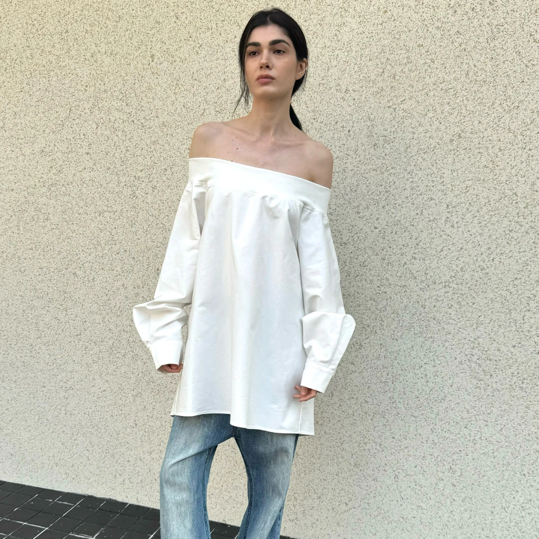 andnever e 一字肩质感白色长袖宽松衬衫女露肩设计休闲百搭衬衣