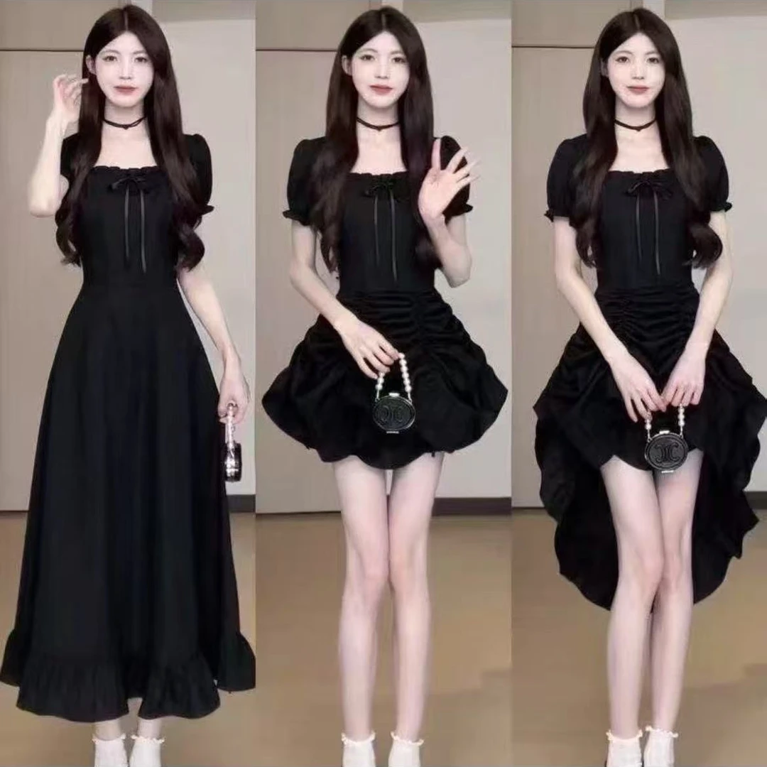 夏季A字时尚方领拉链短袖长裙高腰连衣裙法式女装