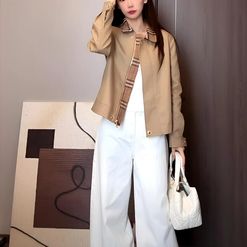 【东京日落】高品质版 早秋风衣夹克定制卡其色格子短款显瘦外套女