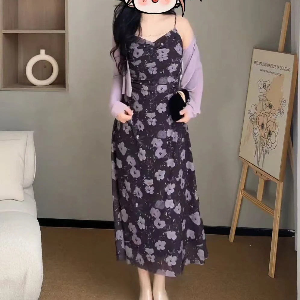 【幽花绮梦】大码高腰收腰连衣裙套装围巾领长袖碎花22617