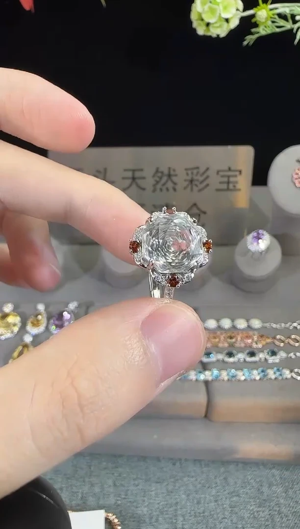 水晶戒指银S925镶嵌12mm白水晶戒指