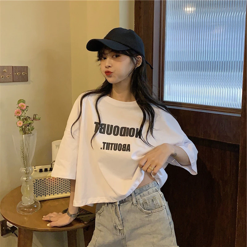 小众洋气短袖衣服女2025夏季新款白色宽松短款小个子休闲百搭女装