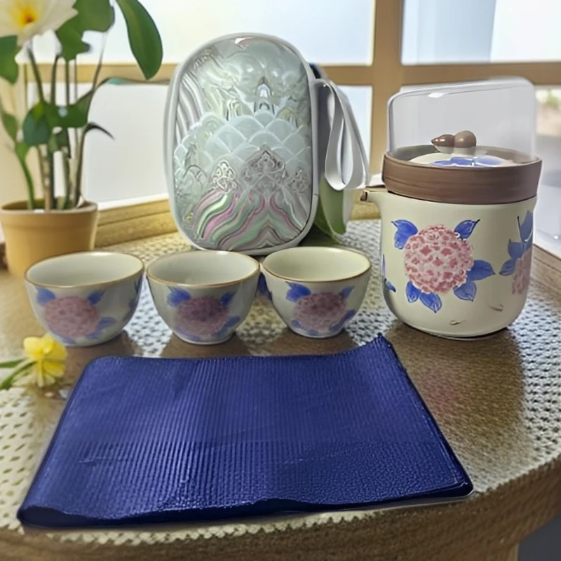 KK0821-汝窑绣球花一壶三杯车载露营户外陶瓷旅行便携式带盖日式