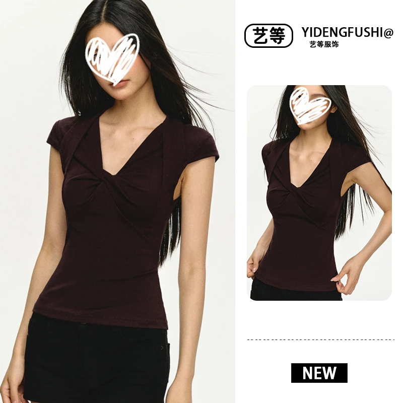 6-8运补2025年夏季新款韩版高级设计感领无袖恤修身显瘦辣妹纯欲