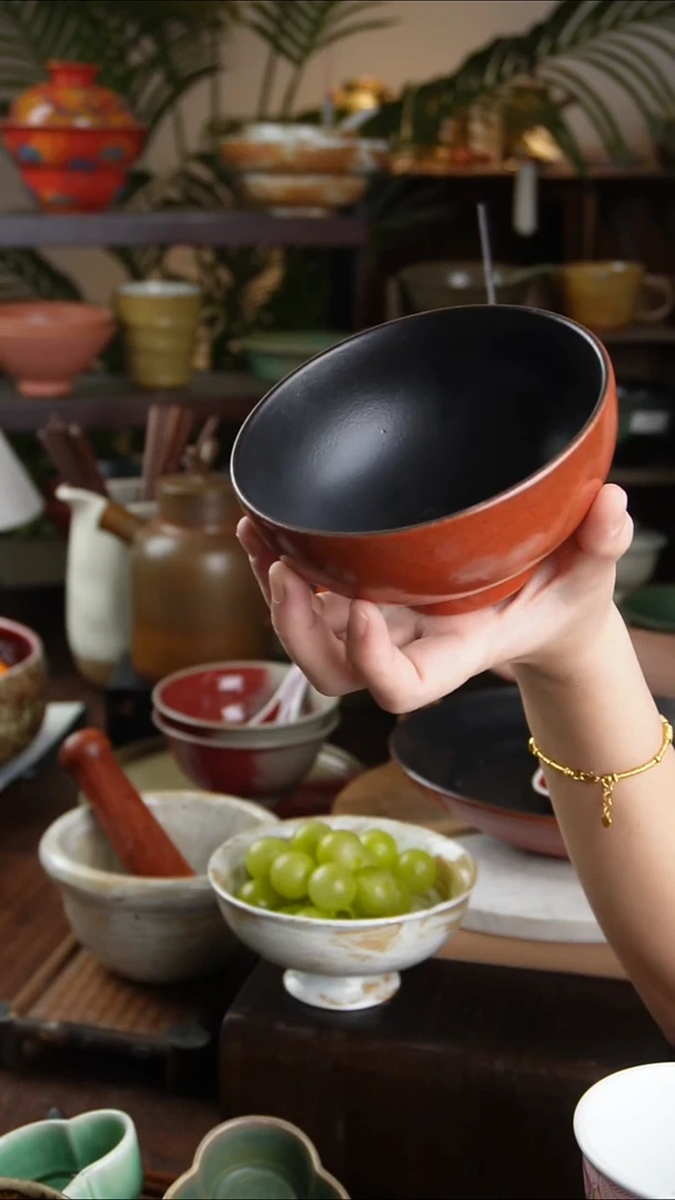 碗景德镇手工高温餐具复古红奶奶碗