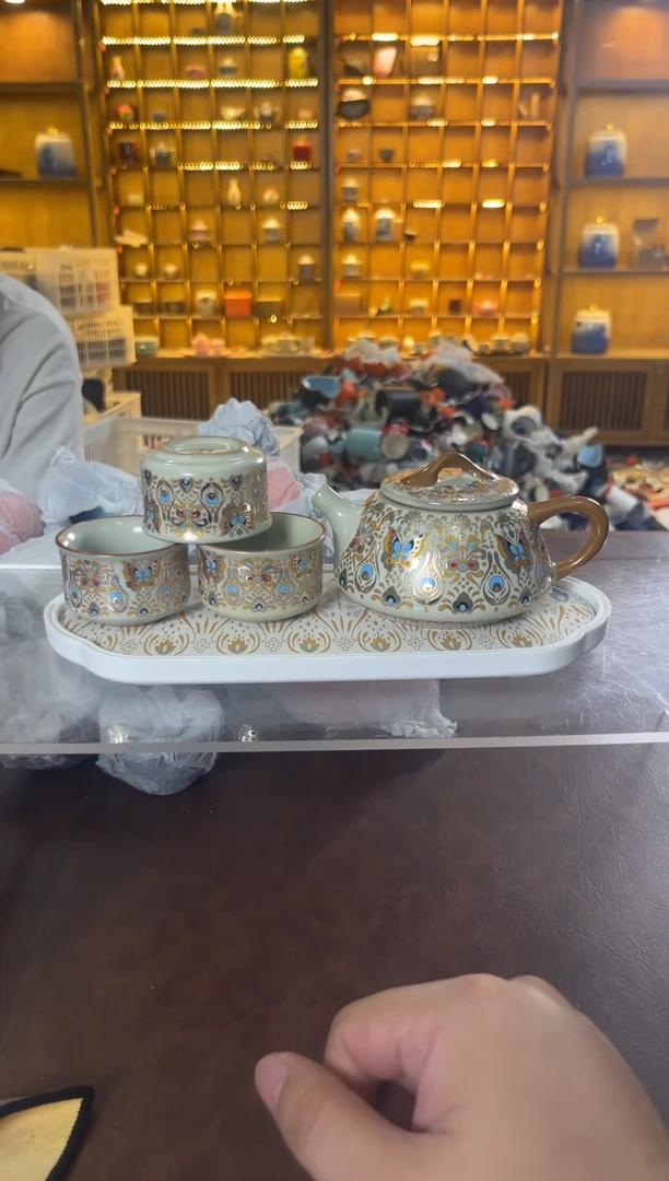 瓷片花溪陶瓷00000金银错石瓢壶+3杯+茶盘