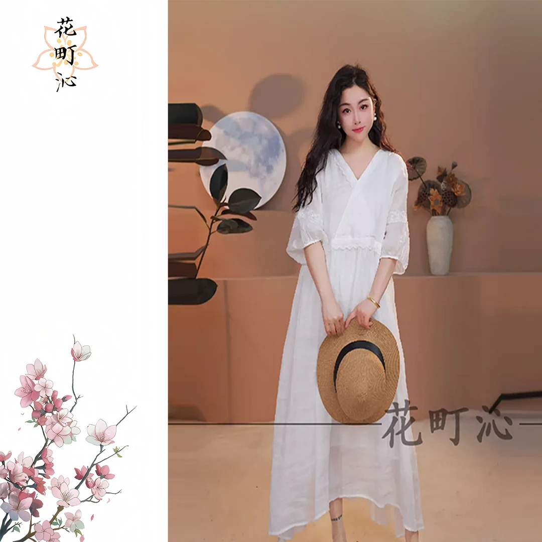 9139 夏季女装连衣裙气质时尚百搭国风仙气日常V领宽松连衣裙