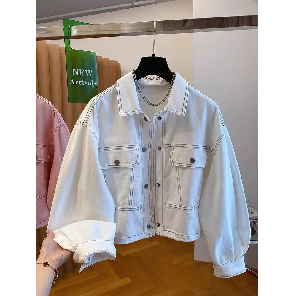 韩系明线翻领设计感工装2025年新款宽松短款纯色上衣外套