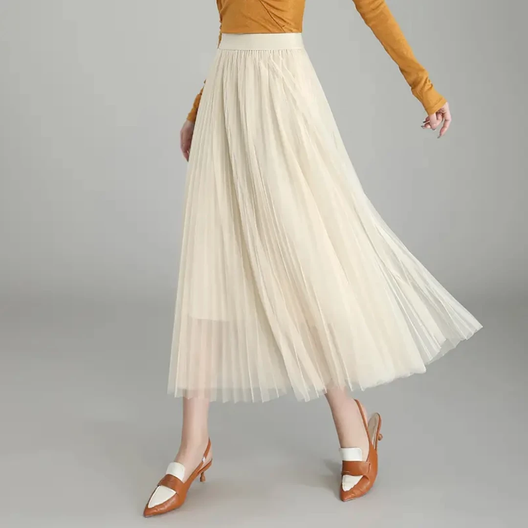 新款春夏百搭减龄女装网纱中长款高腰显瘦A字裙蕾丝纯色休闲风通