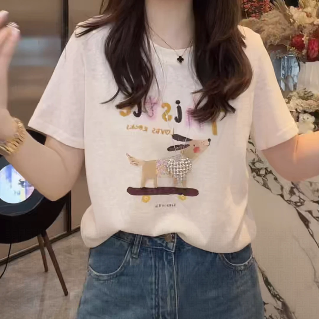 夏季洋气短袖女款爆款2025新款时尚百搭正肩T恤圆领印花显瘦上衣