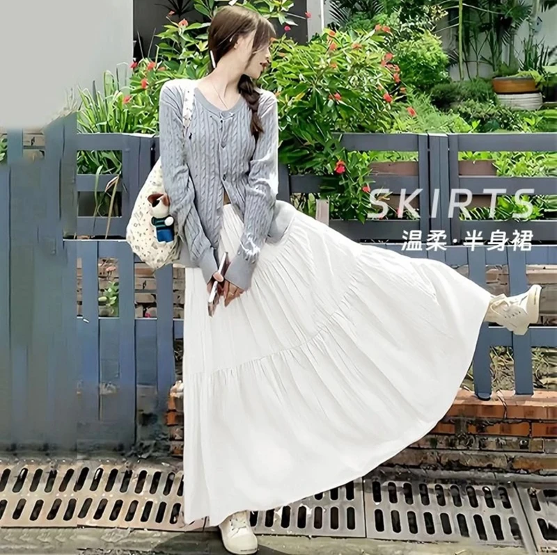 小个子白色蛋糕裙女夏季中长款半身裙简约百搭带内衬A字大摆裙