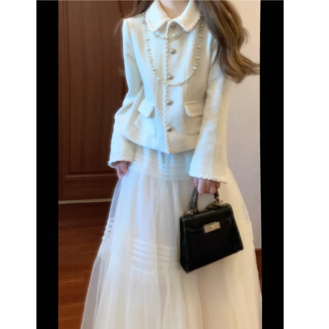 2025秋冬新款韩系贵气小香风时尚短款外套搭高腰纱纱半身裙套装女