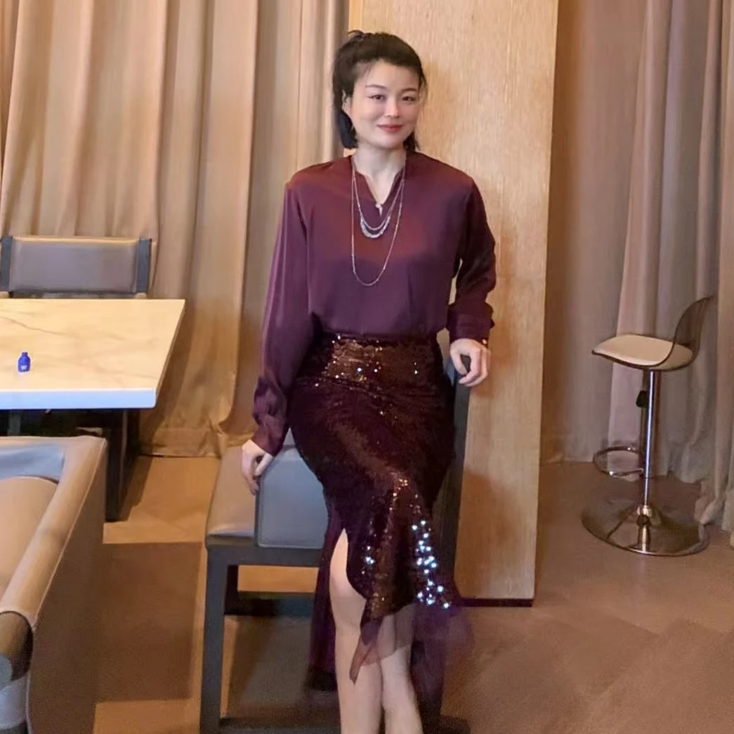 TANTAN  气质时尚亮片拼网纱半裙 XD 2299