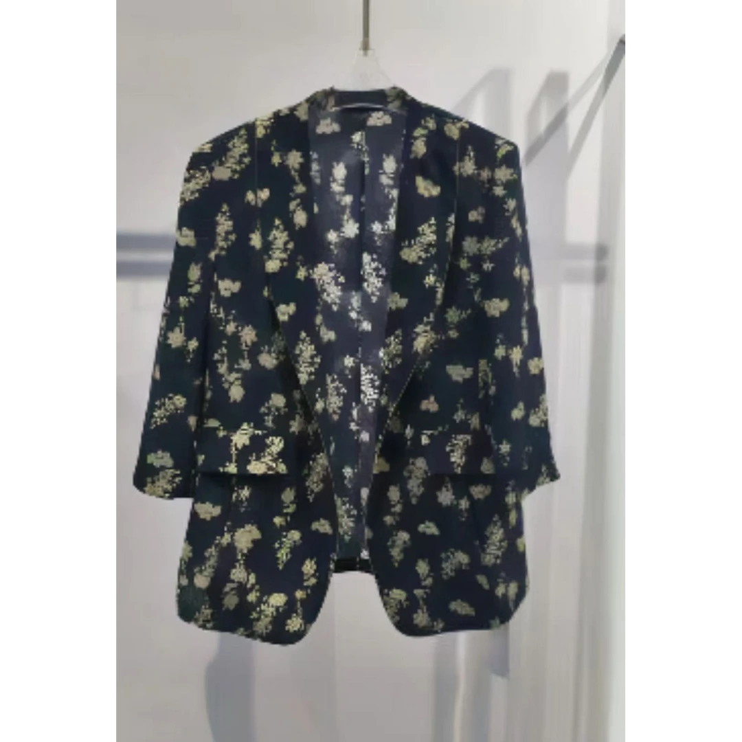 100%桑蚕丝时尚百搭设计款小众时尚印花西服25DAK0721