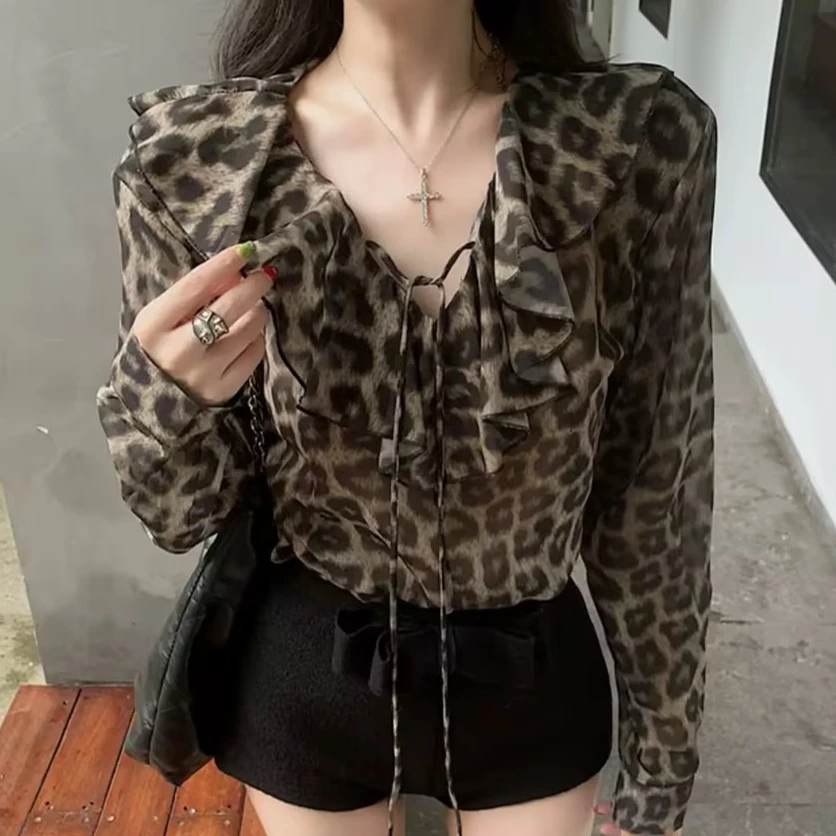 【安酒月专属】荷叶边v领豹纹雪纺衬衫喇叭袖防晒小衫AJ4HSS10
