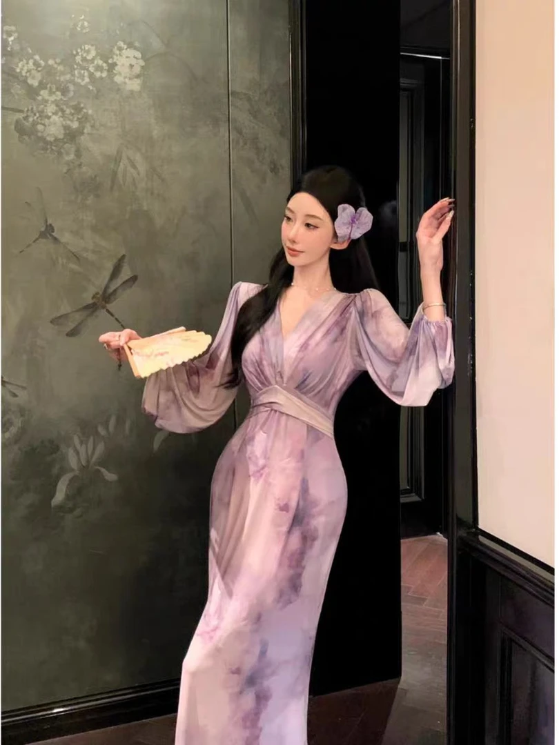 现532-7#法式晕染紫色海边度假连衣裙女性感纯欲穿搭长裙