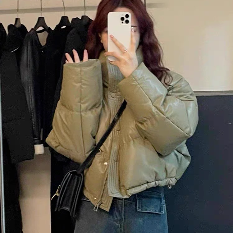 PU蛋白皮免洗新款冬季加厚保暖外套宽松肯豆风小个子