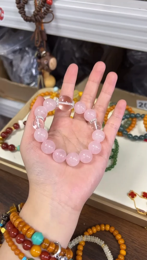水晶手链未镶嵌马粉粉水晶大珠白水晶手串[0794]