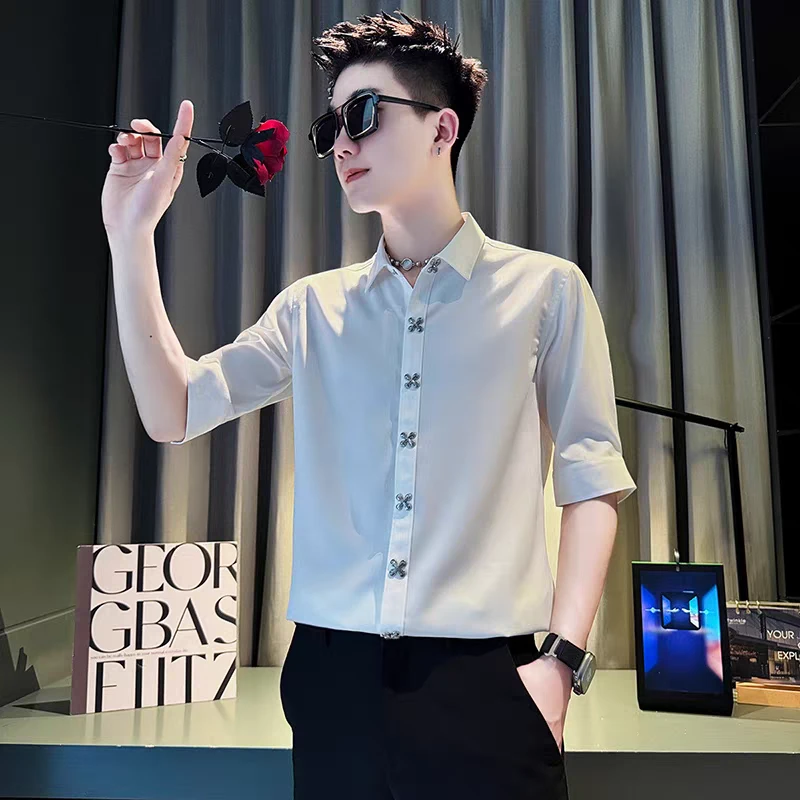 新中式冰丝衬衫七分袖男夏季设计感金属扣衬衣高级感上衣潮流穿搭